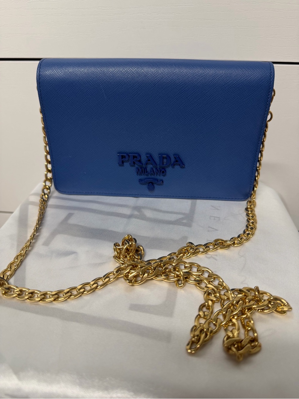Prada Blue Saffiano Leather Crossbody with Gold Chain Strap